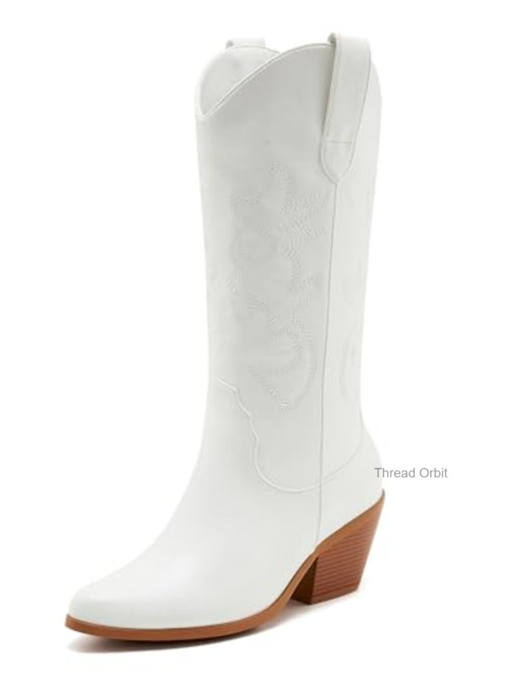 Western Cowboy Boots Women Mid Calf Embroidered Faux Leather Slip On Chunky Heel